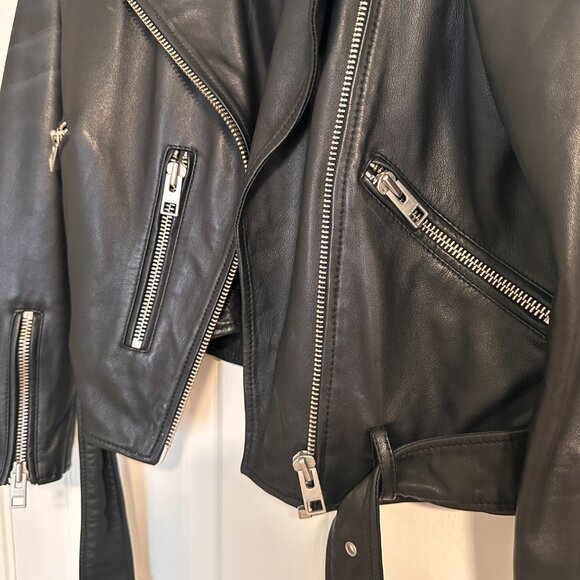 All Saints Leather Moto Jacket with Belted Waist - US 6 - Picture 4 of 6